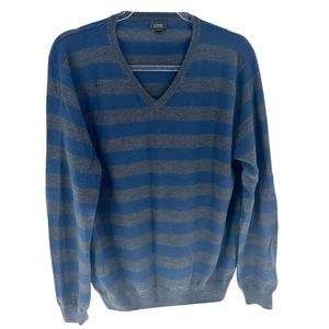 J.Crew Sweater Mens Large Blue Gray Merino Wool Striped V Neck Pullover Preppy